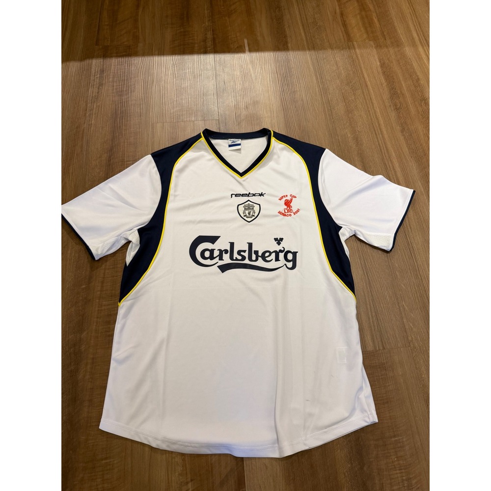 Reebok Liverpool FC Jersey Mens Large White 2001 Super Cup Monaco Carlsberg